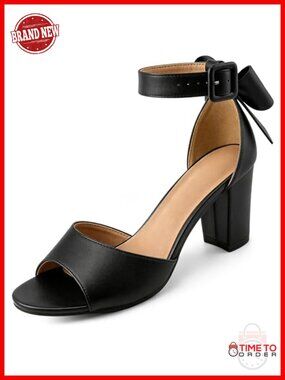 Women's Block Heel Sandals 3" Heel Adjustable Ankle Strap Faux Leather Bow